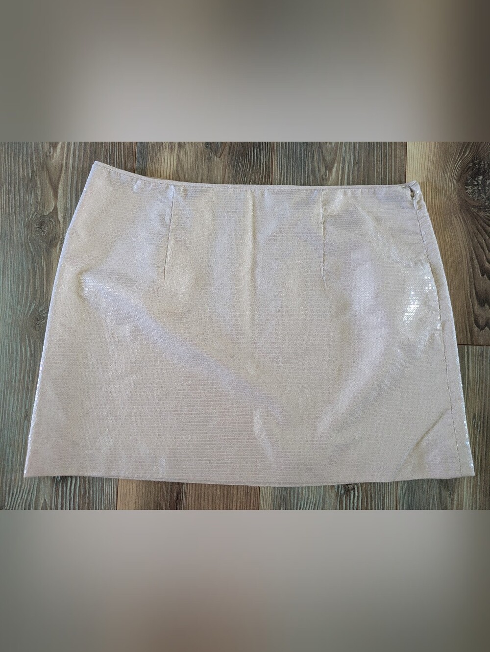 A New Day Neutral Nude Tan Lined Beige Sequin Mini Skirt 14